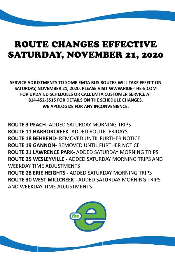 SERVICE ADJUSTMENTS GO INTO EFFECT 11/21/20 Erie Metropolitan Transit
